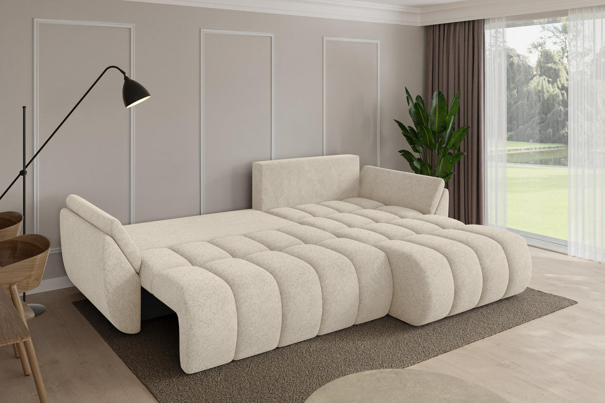 ROHOVÁ SEDAČKA s funkcí spaní, otoman vpravo TOKO-L-v1 277x194x86 krémová velur - černá/krémová, kompozitní dřevo/textil (277/194cm) - ALTDECOR