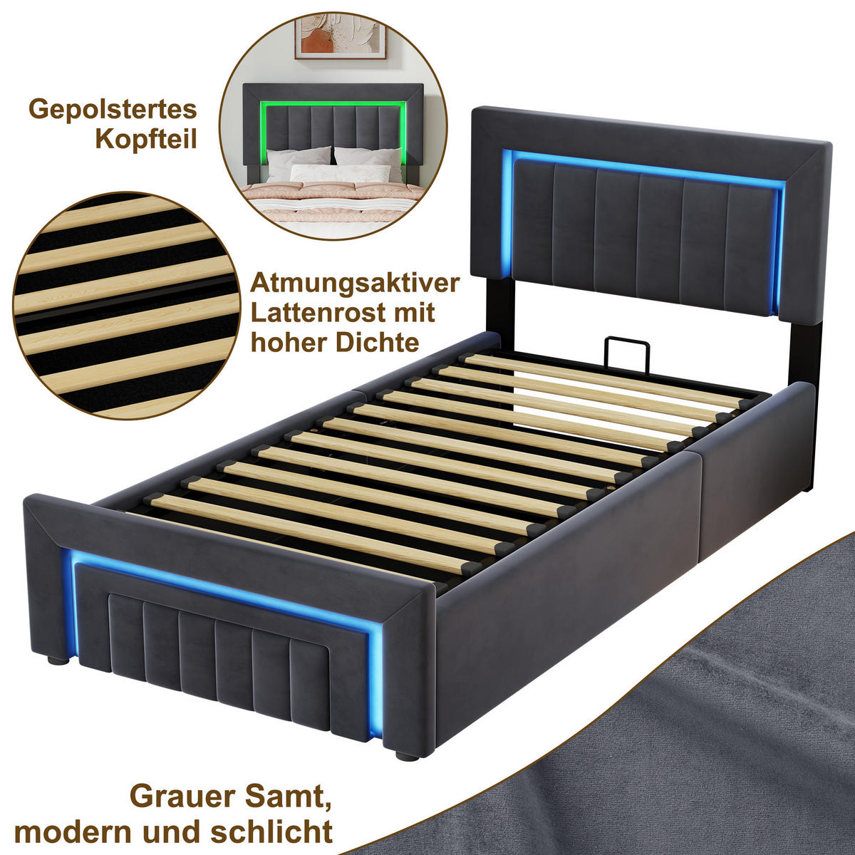POLSTERBETT 90/190 cm aus Velours mit Bettkasten und LED Beleuchtung - Grau, Textil (90/190cm) - BEAOK