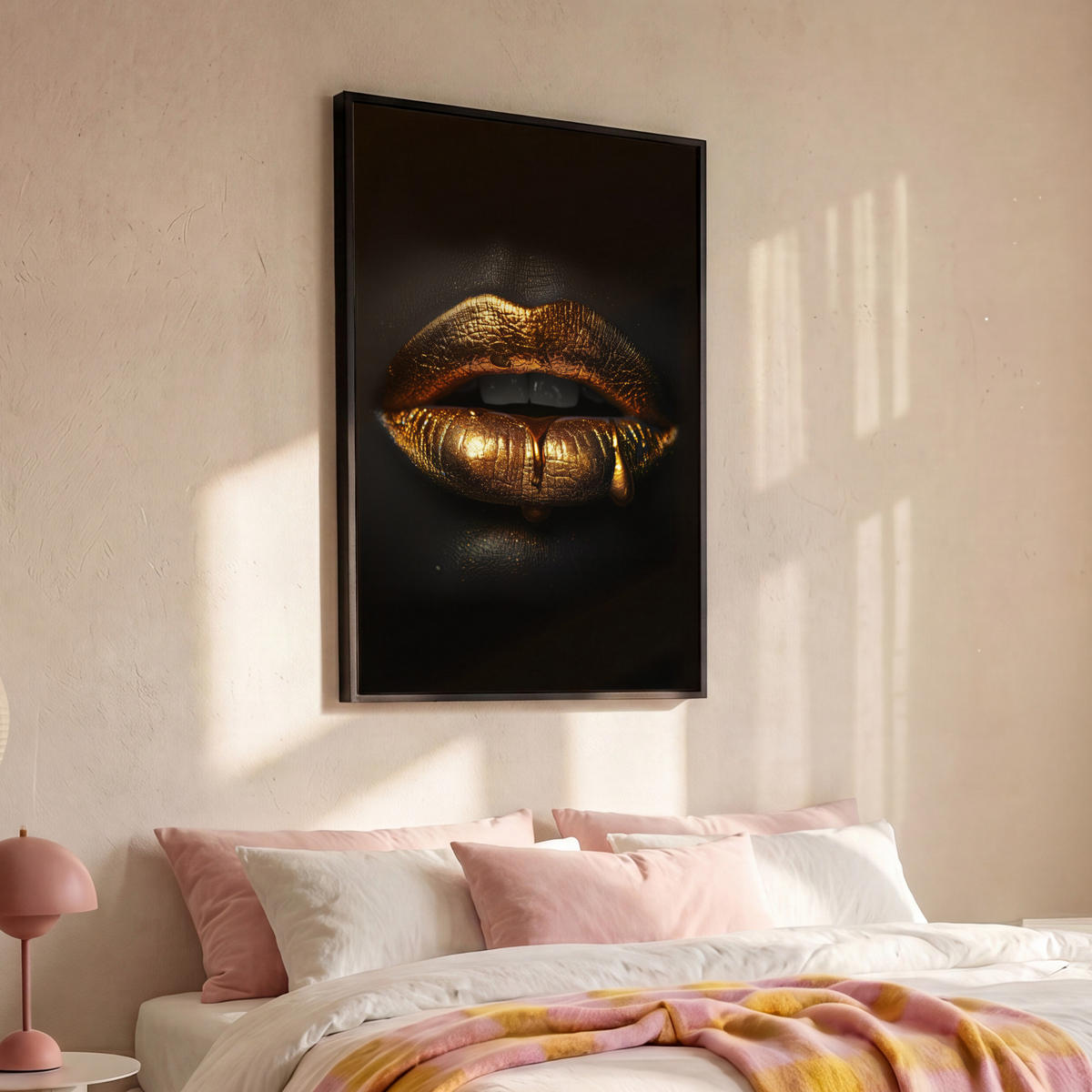 LEINWAND Bilder mit Rahmen - Frau - Porträt - Lippen - Gold - Schwarz - 80x120 - Schwarz, Textil (80/120cm) - MuchoWow