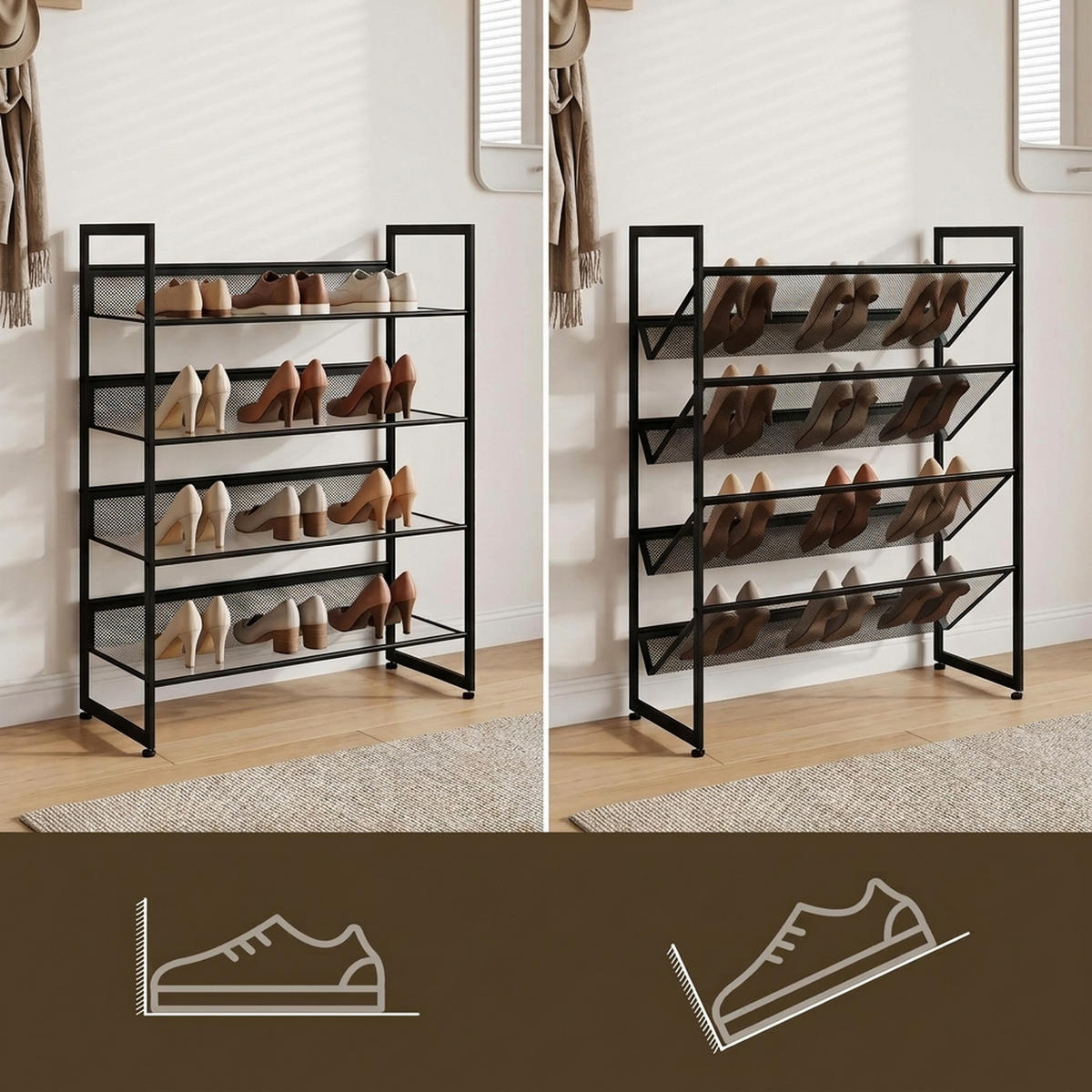 SCHUHREGAL, für max. 12 Paar Schuhe, Stahl, 72 x 30 x 82.7 cm, Schwarz - Schwarz, Metall (30/82.7/72cm) - HOMCOM