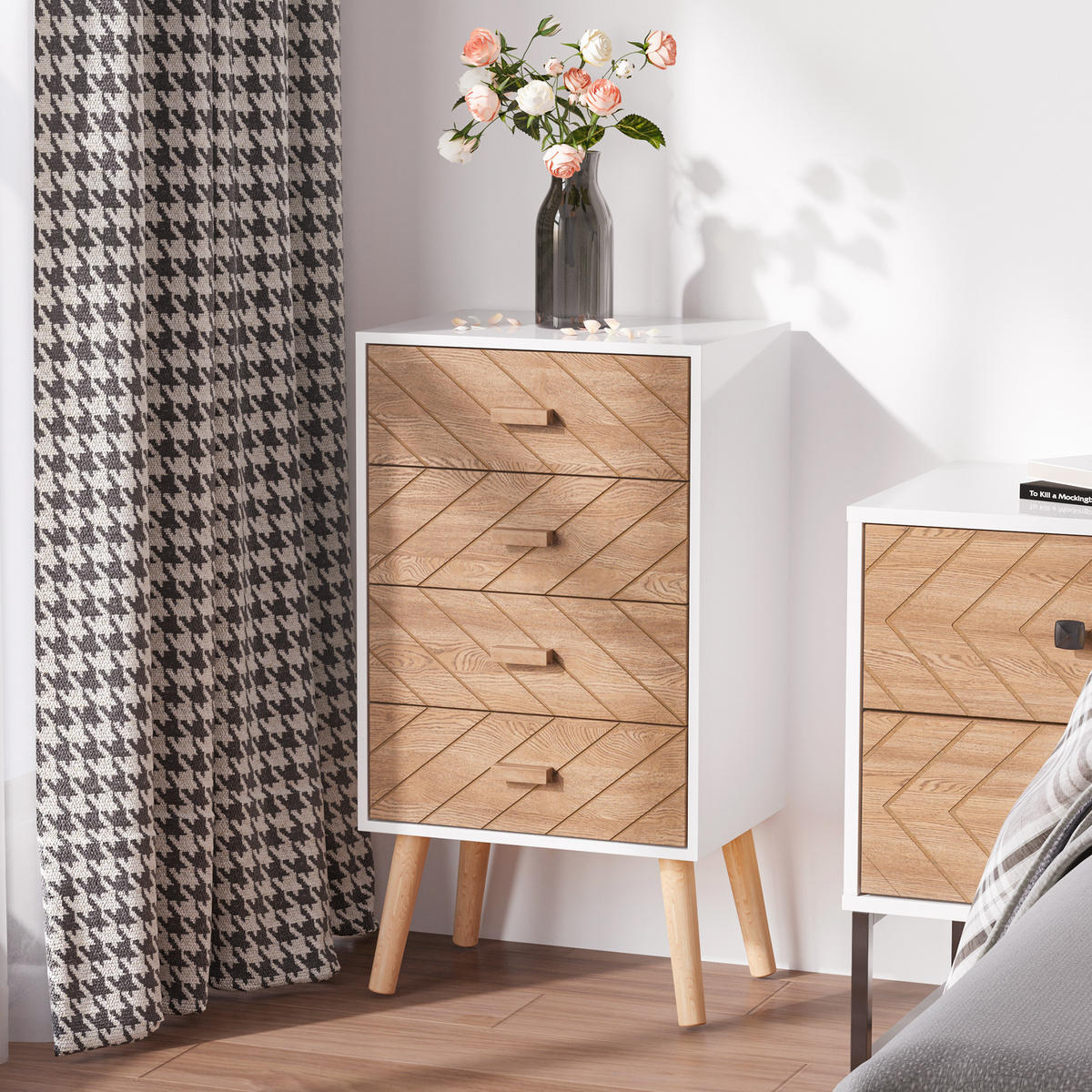 NACHTTISCH Weiß Buche MDF Holz 4 Schubladen - Weiß, Holz (40/75/30cm) - PANGIVO
