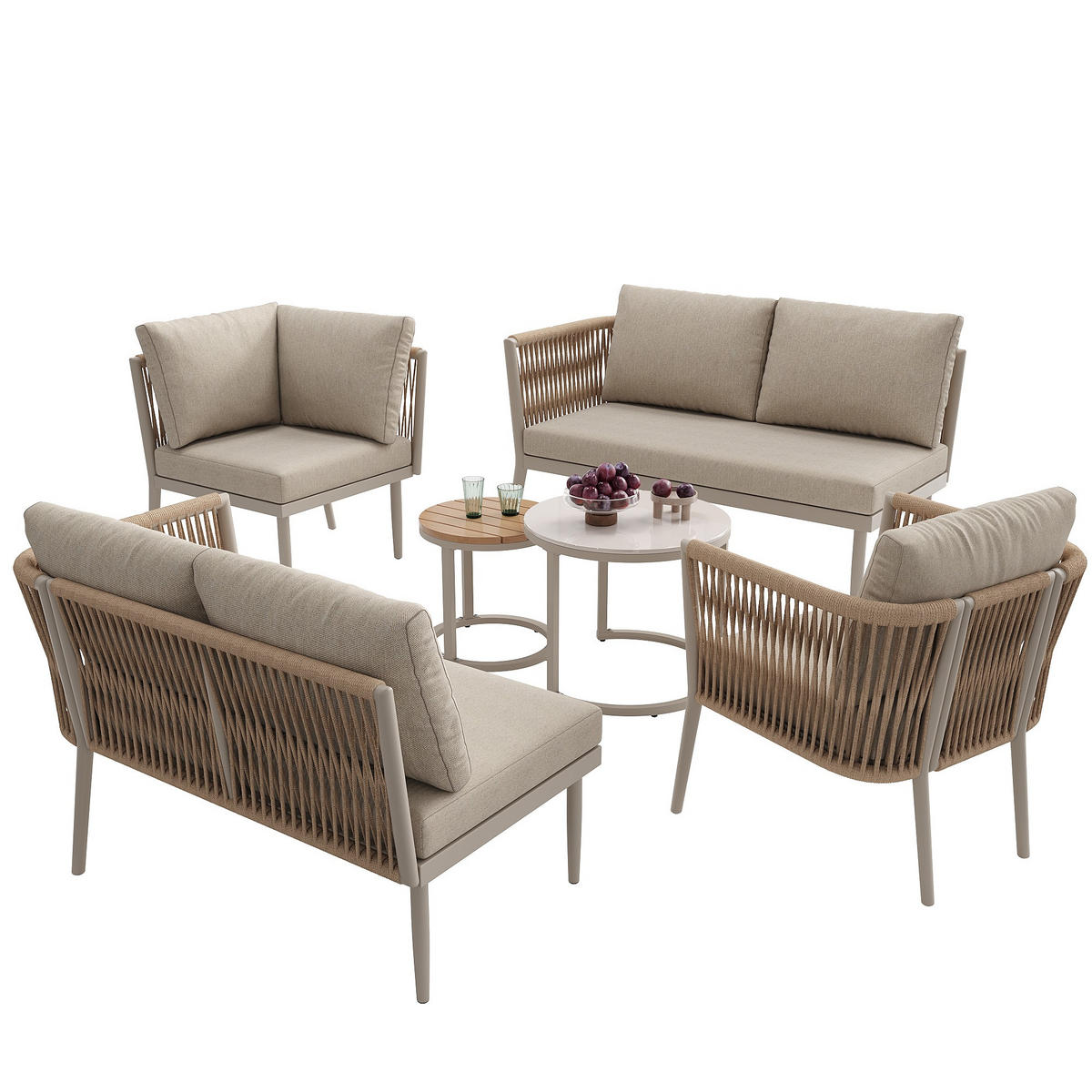 LOUNGESET Modular 5-6 Personen Beige 6-tlg. PE-Rattan - Beige, Metall - FLIEKS