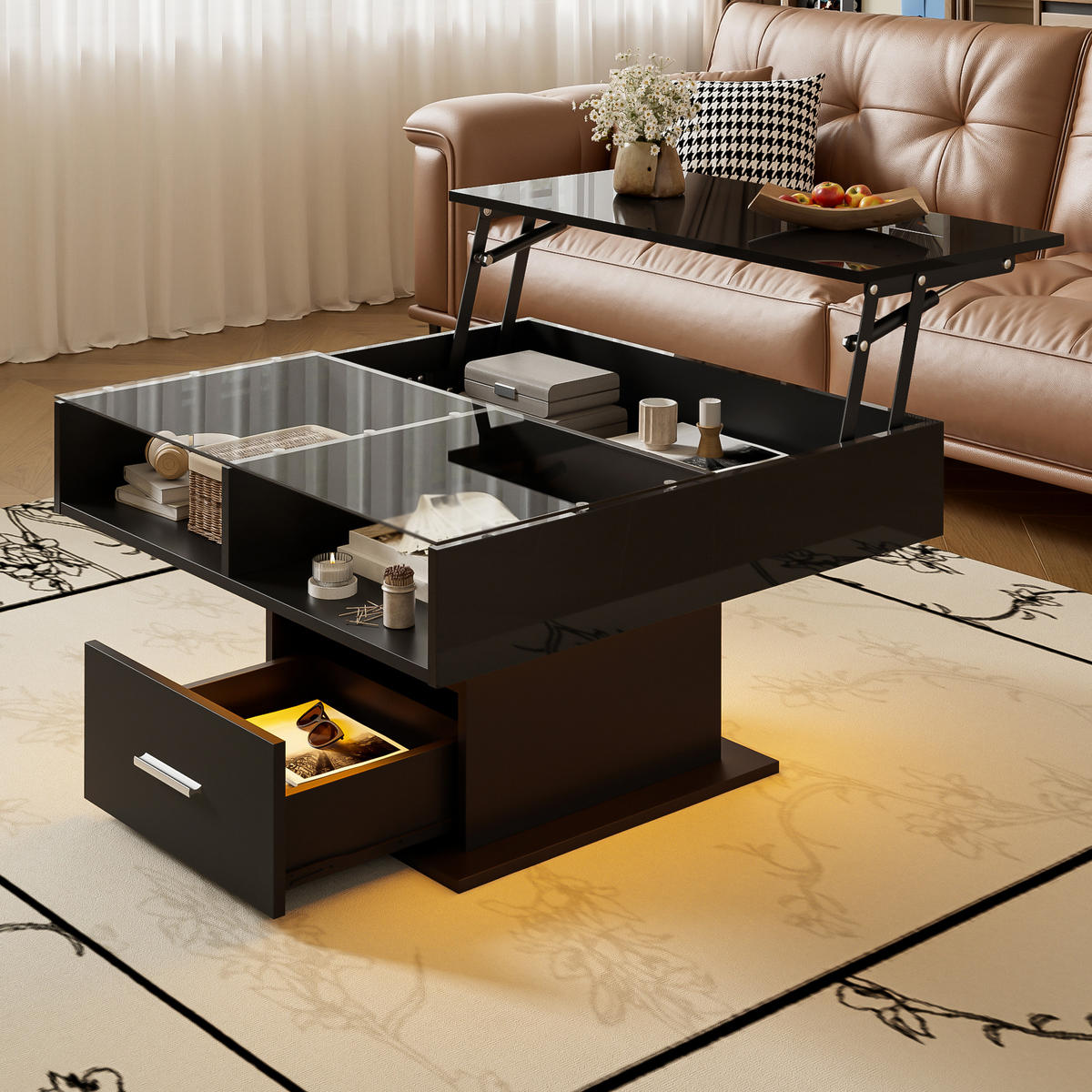 COUCHTISCH Höhenverstellbar mit LED-Beleuchtung und flexiblem Stauraum - Schwarz, Holzwerkstoff (78/78/45cm) - Korfee