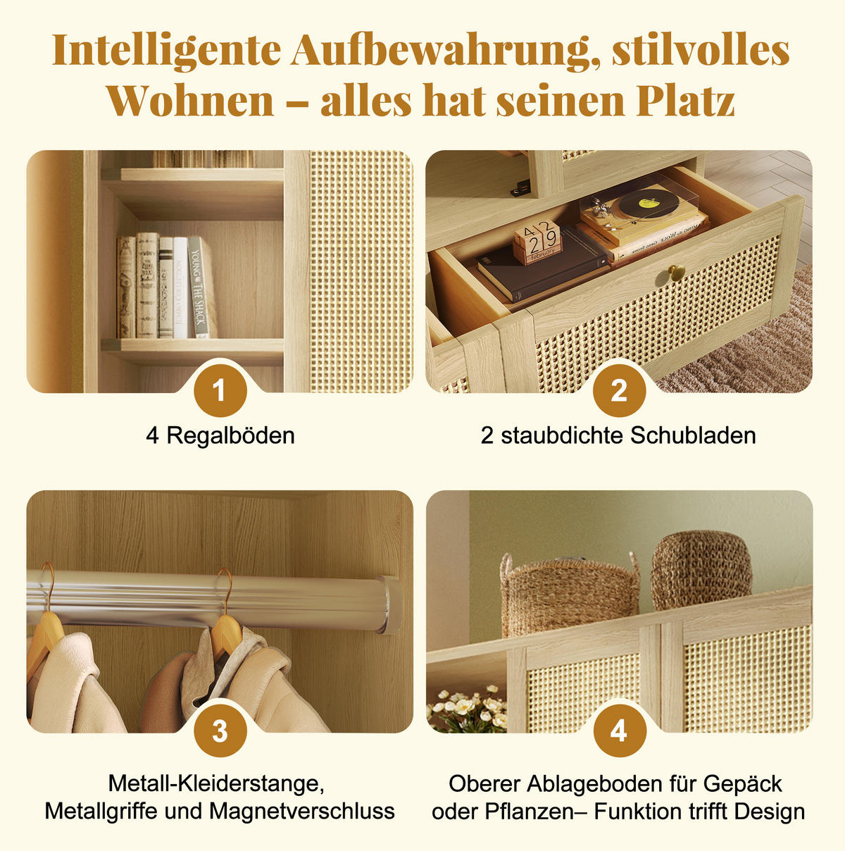 KLEIDERSCHRANK aus Holz 50x120x180 cm Eiche mit Rattanfronten, Kleiderstange, offenen Fächern und 2 Schubladen - Nussbaumfarben, Holzwerkstoff (120/180/50cm) - Modfu