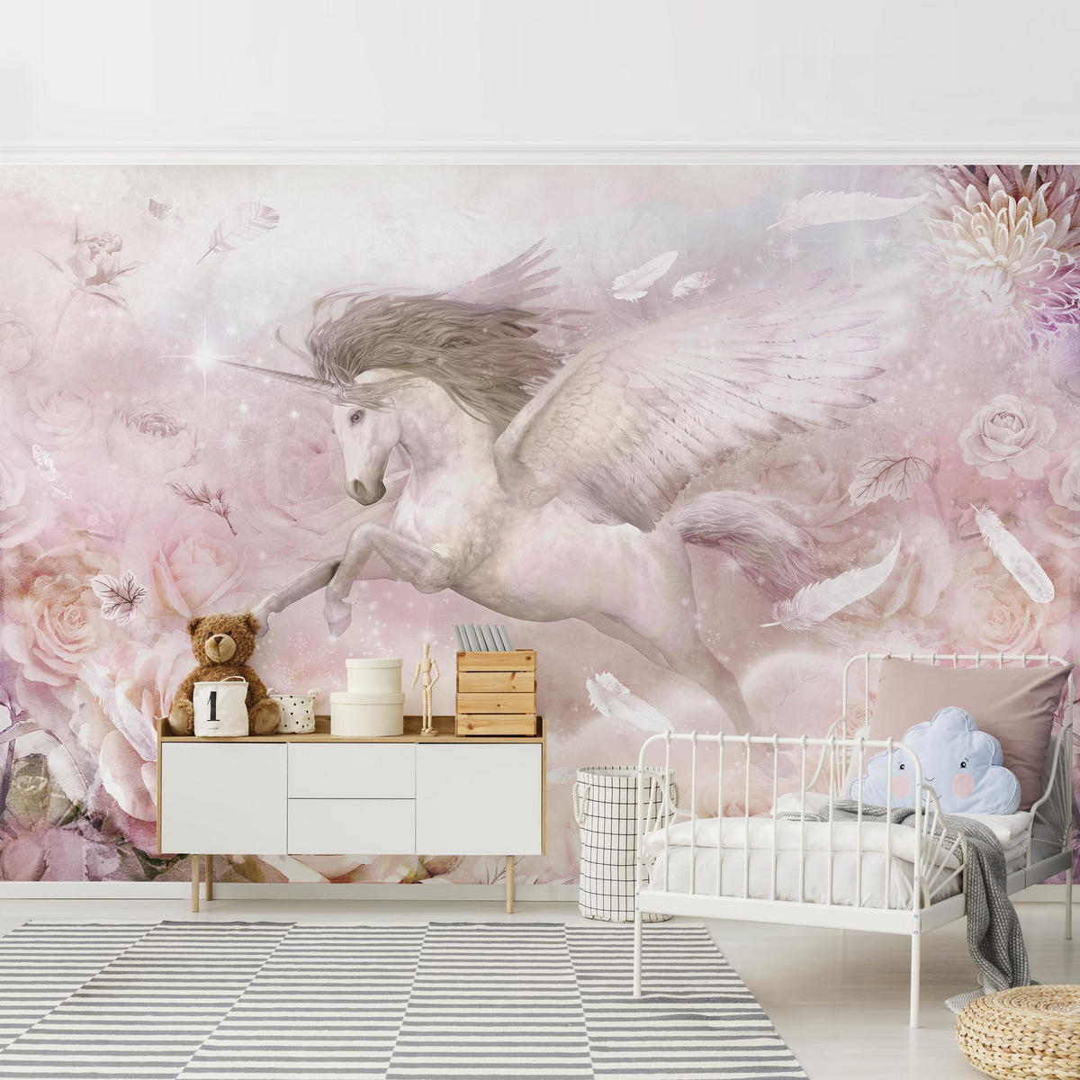 FOTOTAPETE Pegasus Einhorn mit Rosen 432/290 cm - Rosa, Papier (432/290cm) - Bilderwelten