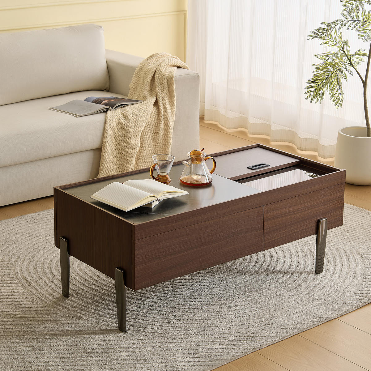 COUCHTISCH Dunkelbraun mit Glasplatte, Stauraum und Metallbeinen - Cognac, Metall (105/50/41cm)