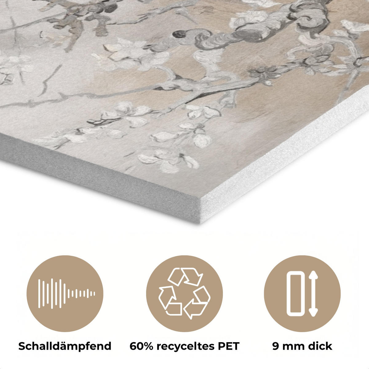 AKUSTIKPANEEL Mandelblüte - Kunst - Van Gogh - Beige - Abstrakt 80x60 cm - Braun, Textil (80/0.9cm) - MuchoWow
