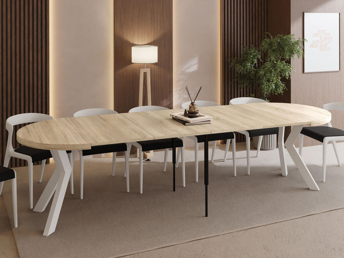 ESSTISCH Savio Weiß rund ausziehbar verlängerbar XXL, Eiche Sonoma Hellbraun 100-300/100/77 cm - Weiß/Sonoma Eiche, Holz/Holzwerkstoff (100/100/77cm) - WFL GROUP
