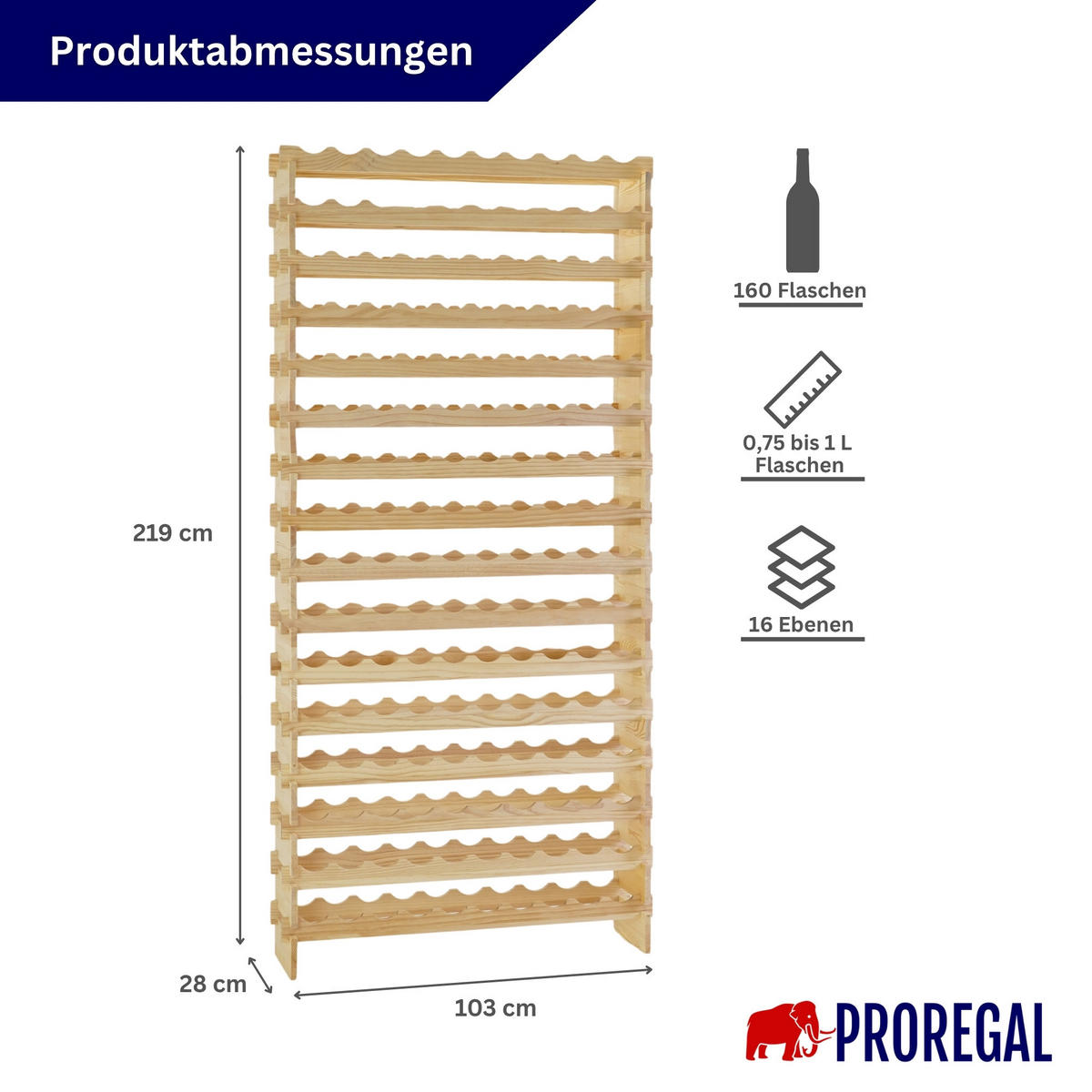 WEINREGAL NAVARRA aus Holz 219x103x28cm 160 Flaschen auf 16 Ebenen Natur unbehandelt - Naturfarben, Holz (103/219/28cm) - PROREGAL