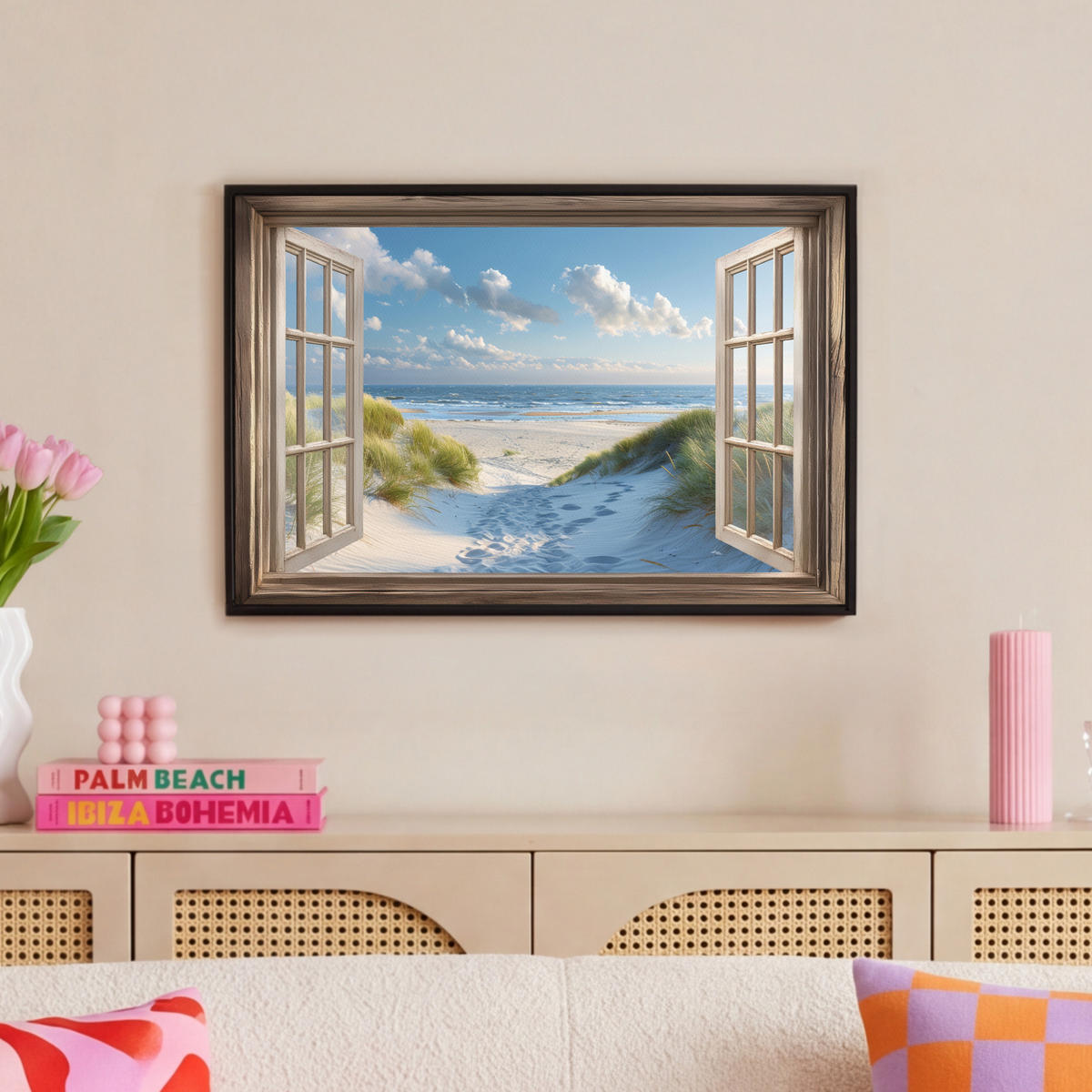 LEINWAND Bilder mit Rahmen - Aussicht - Strand - Fenster - Dünen - Meer - 60x40 - Hellblau, Textil (60/40cm) - MuchoWow