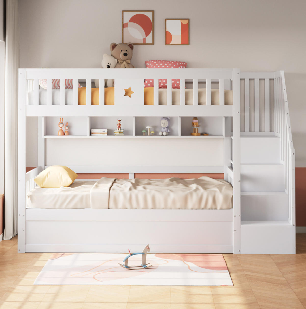 HOCHBETT 90/200 cm aus Holz mit Regal und Stauraumtreppe, Weiß - Weiß, Holz (90/200cm) - OKMYHOME