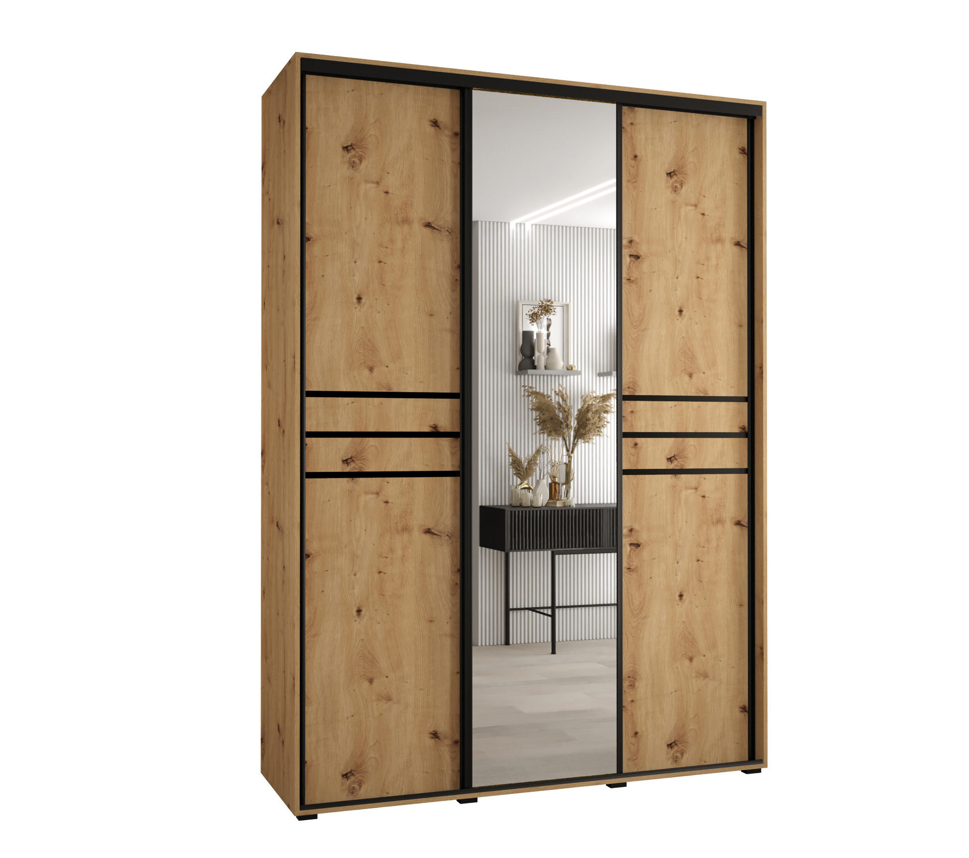 Abiks Möbel Schwebetürenschrank Eiche Artisan, Eiche Artisan, Schwarz 180x235x60 cm
