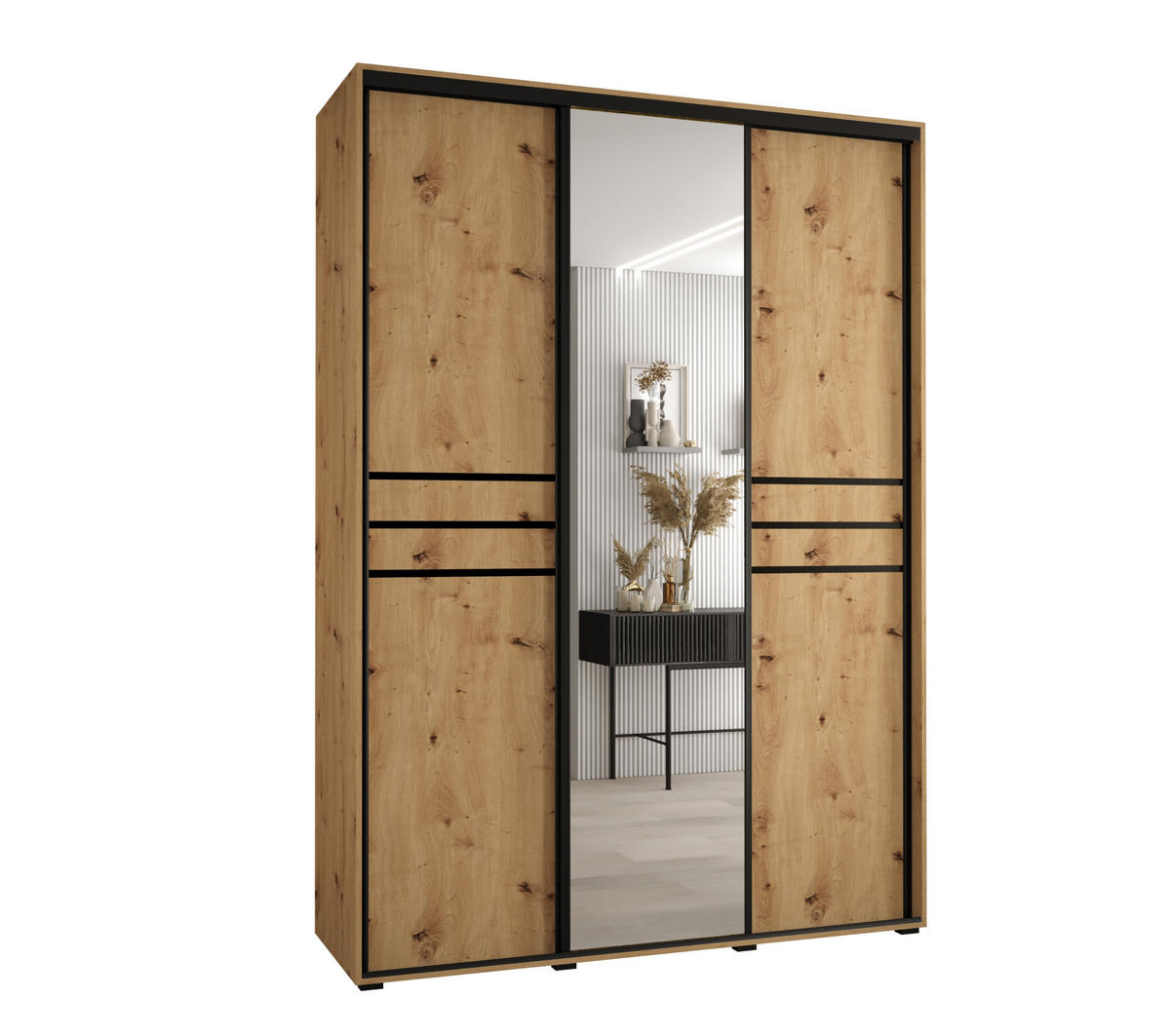 SCHWEBETÜRENSCHRANK 235,2/180/60 3-türig - Schwarz/Eiche Artisan, Holz/Metall (180/235/60cm) - Abiks Möbel