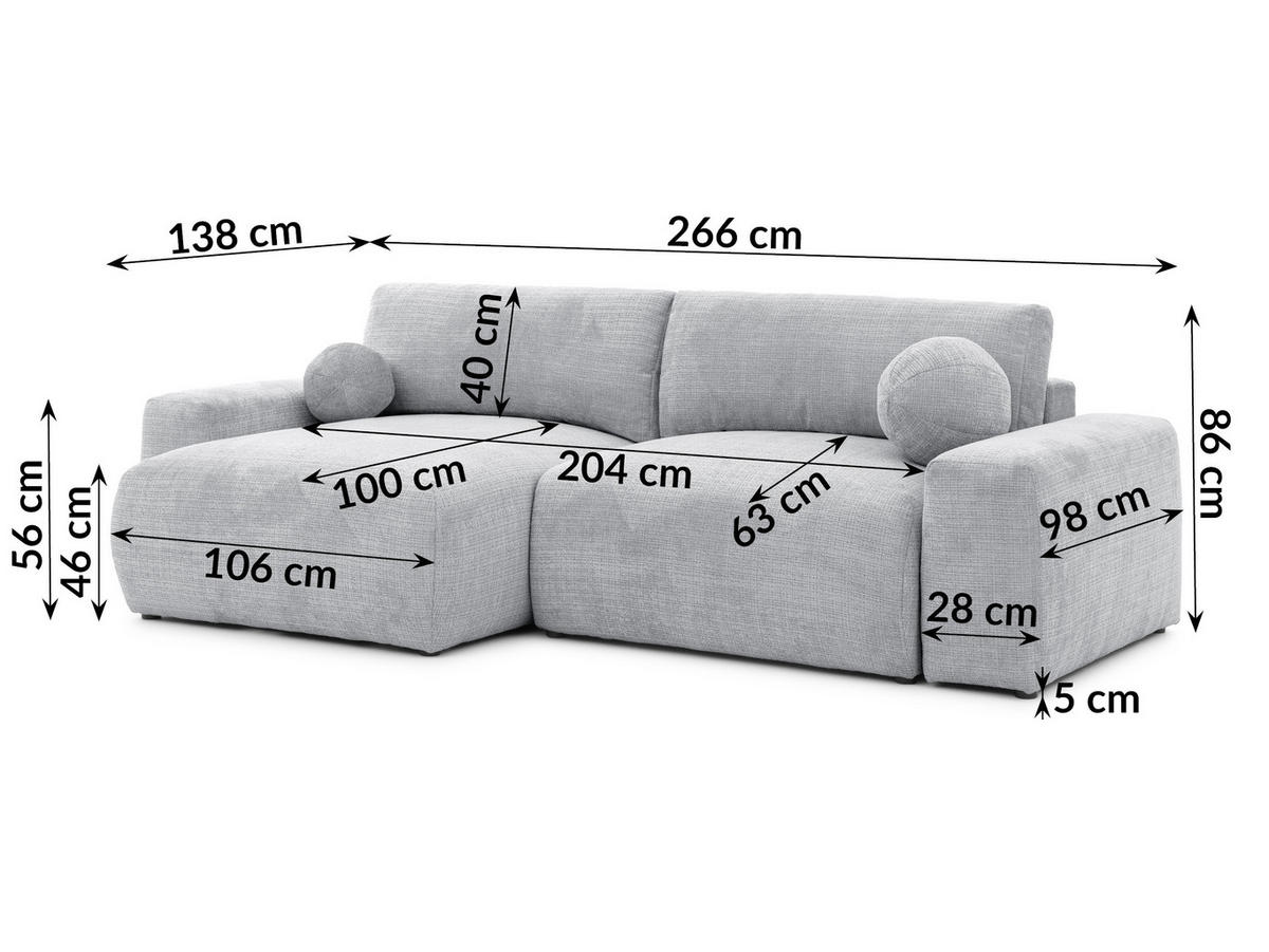 ECKSOFA Puffy mit Schlaffunktion und Bettkasten - besonders weich und puffig aus Hellgrau Chenille-Stoff - Ottomane links - Hellgrau/Schwarz, Holz/Kunststoff (138/266cm) - S-Style Möbel