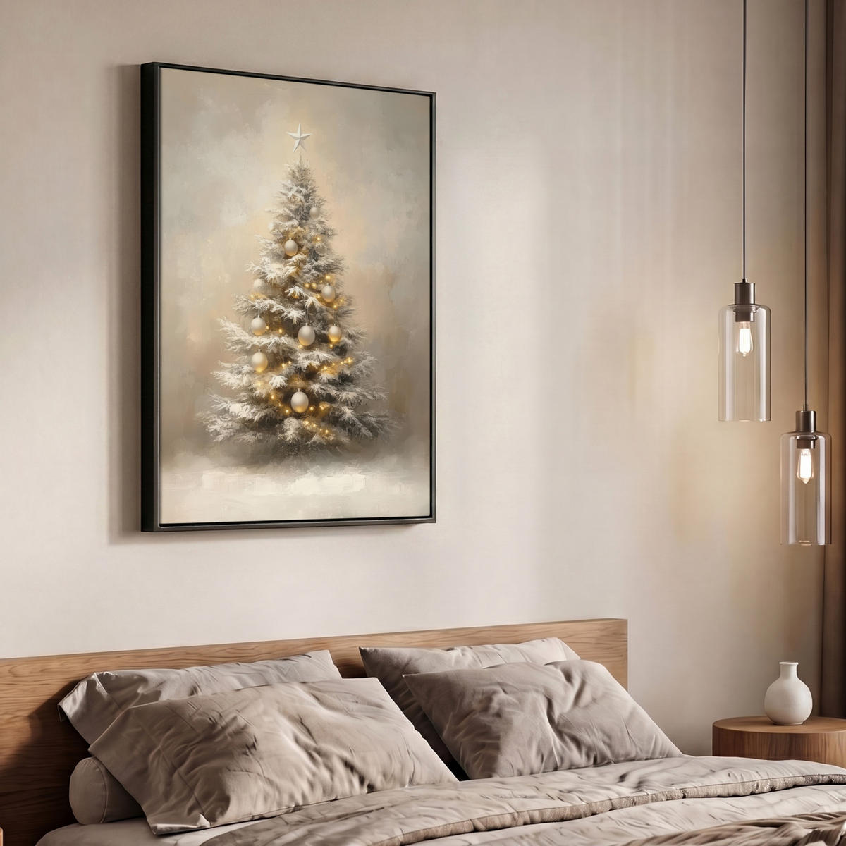 LEINWAND Bilder mit Rahmen - Weihnachten - Weihnachtsbaum - Schnee - Kunst - 70x100 - Champagner, Textil (70/100cm) - MuchoWow