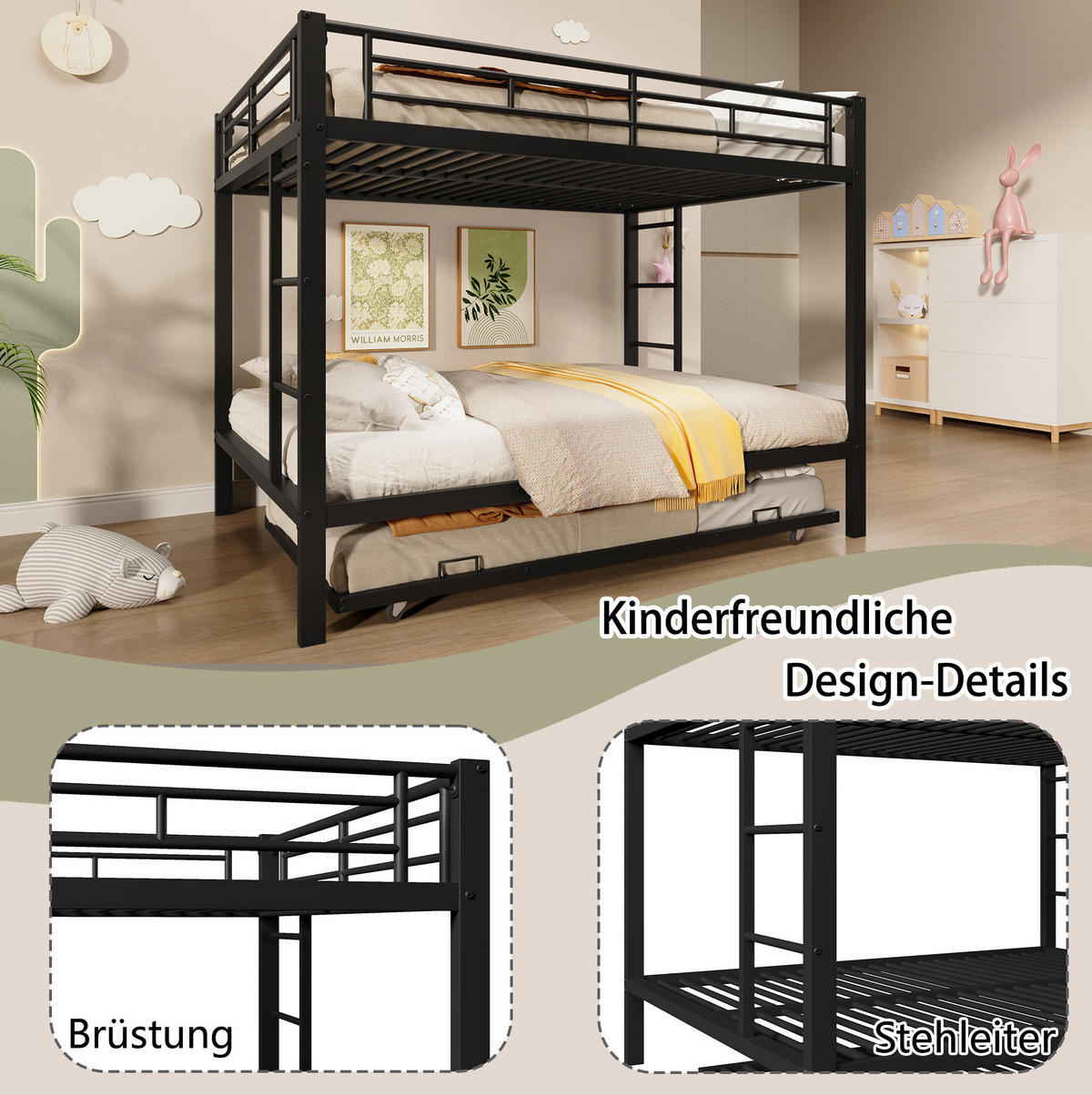 ETAGENBETT 140/200 cm aus Metall mit Ausziehbett und hohen Geländern in Schwarz - Schwarz, Metall (140/200cm) - Flora Grace