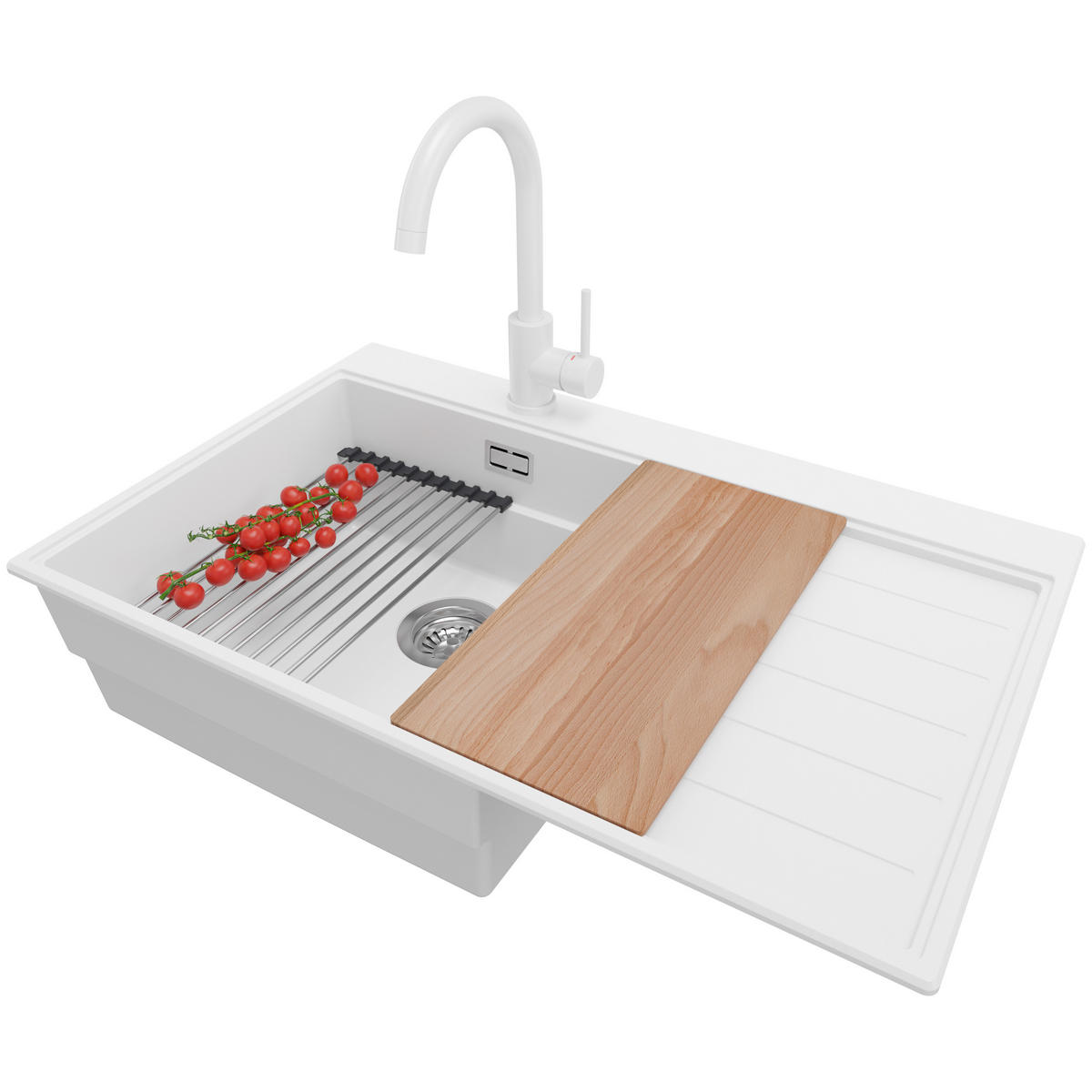 GRANITSPÜLE Sydney, 2-er set Weiß 78/50 cm 1 Becken + Küchenarmatur 32/20 cm + Ablauf-Set + Küchenzubehörset ab 50er Unterschrank - Chromfarben/Beige, Kunststoff (78/20/50cm) - Primagran