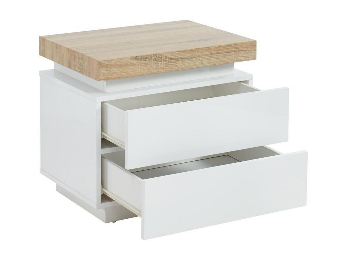 NACHTTISCH mit 2 Schubladen & LEDs - MDF lackiert - Weiß & Eichefarben - HALO II - Naturfarben, Holz (40/50/55cm) - Vente-Unique