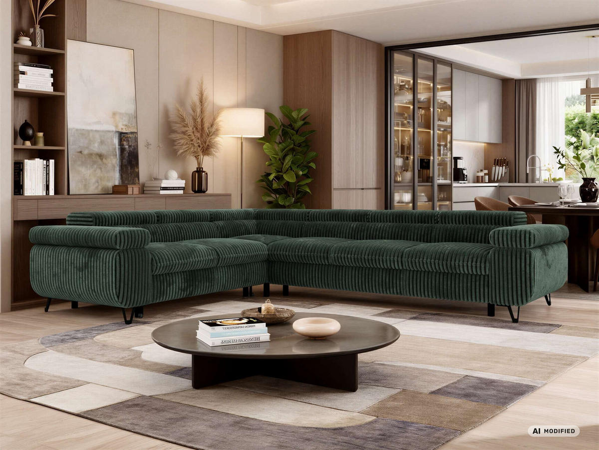 ECKSOFA NORDEN L - Dunkelgrün Cord - Rechts Seite - Dunkelgrün/Schwarz, Textil/Metall (329/269cm) - MKS