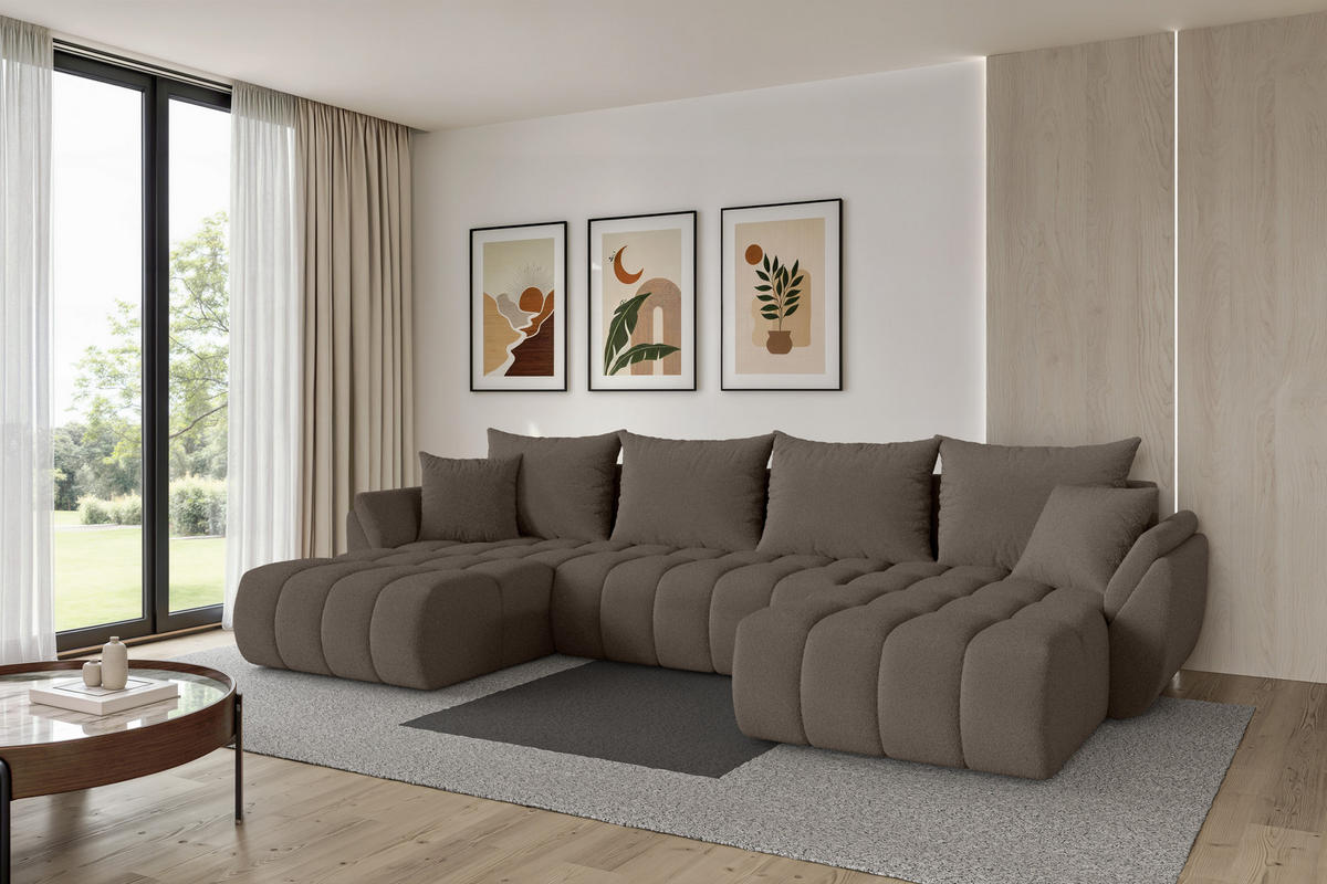 SEDACÍ SOUPRAVA DO U s funkcí spaní a úložným prostorem TOKO-U-v1 378x194x86 hnědá bouclé - černá/hnědá, kompozitní dřevo/textil (378/86/194cm) - ALTDECOR