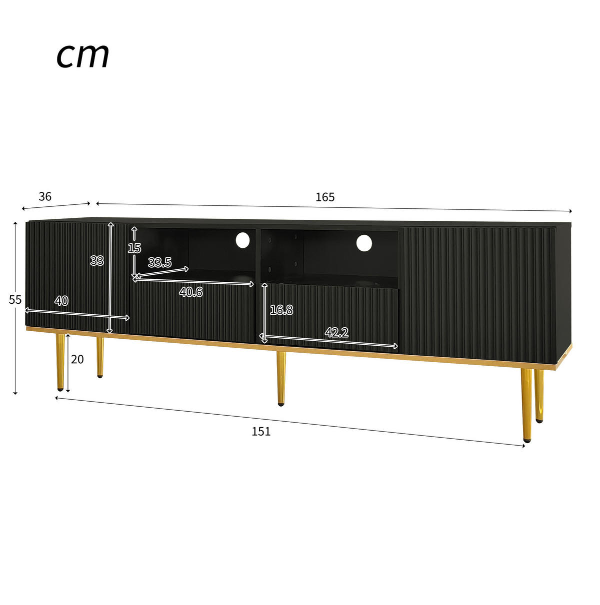 TV-ELEMENT mit 2 Schubladen 165 cm Schwarz/Gold - Schwarz, Holzwerkstoff (36/55/165cm) - Beauniv