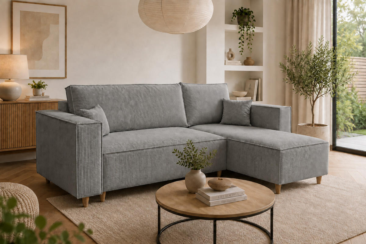 ECKSOFA mit Schlaffunktion und Bettkasten Rio, Ecksofa Cordstoff Hellgrau, Ottomane Universal, 249x142 cm - Hellgrau, Textil (249/142cm) - Marpur
