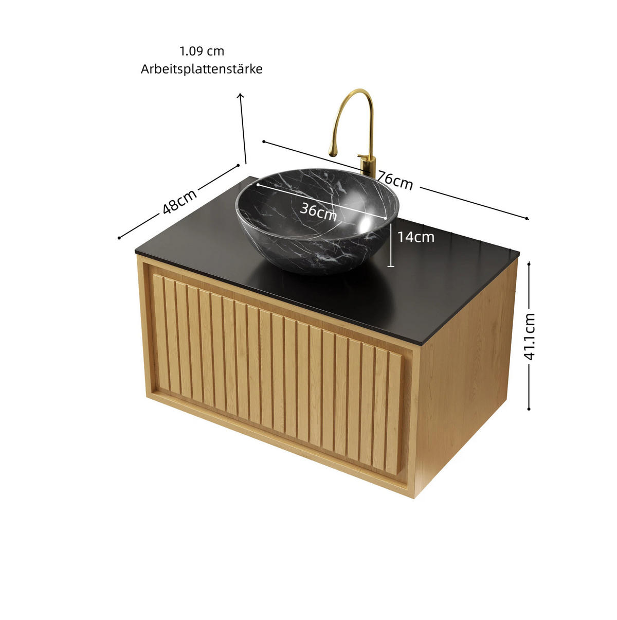 WASCHTISCHKOMBI 76x48x55.1cm Schwarz/Gold mit Sinterstein-Arbeitsplatte & Aufsatzbecken - Goldfarben, Keramik (76/55.1/48cm) - Modfu