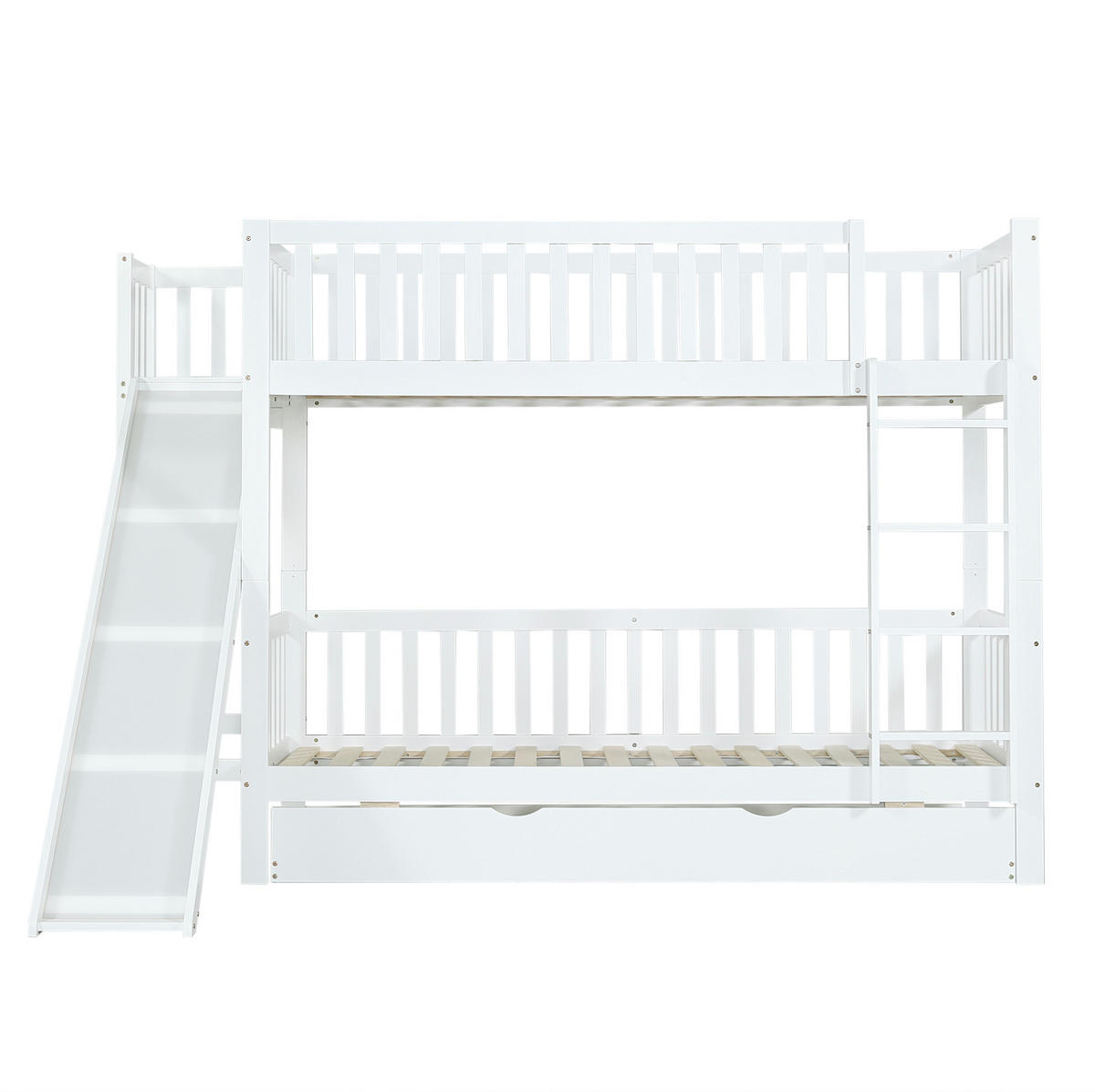 ETAGENBETT 90/200 cm mit Rollbett, Rutsche und Fallschutzgitter - Weiß, Holzwerkstoff (90/200cm) - OKMYHOME