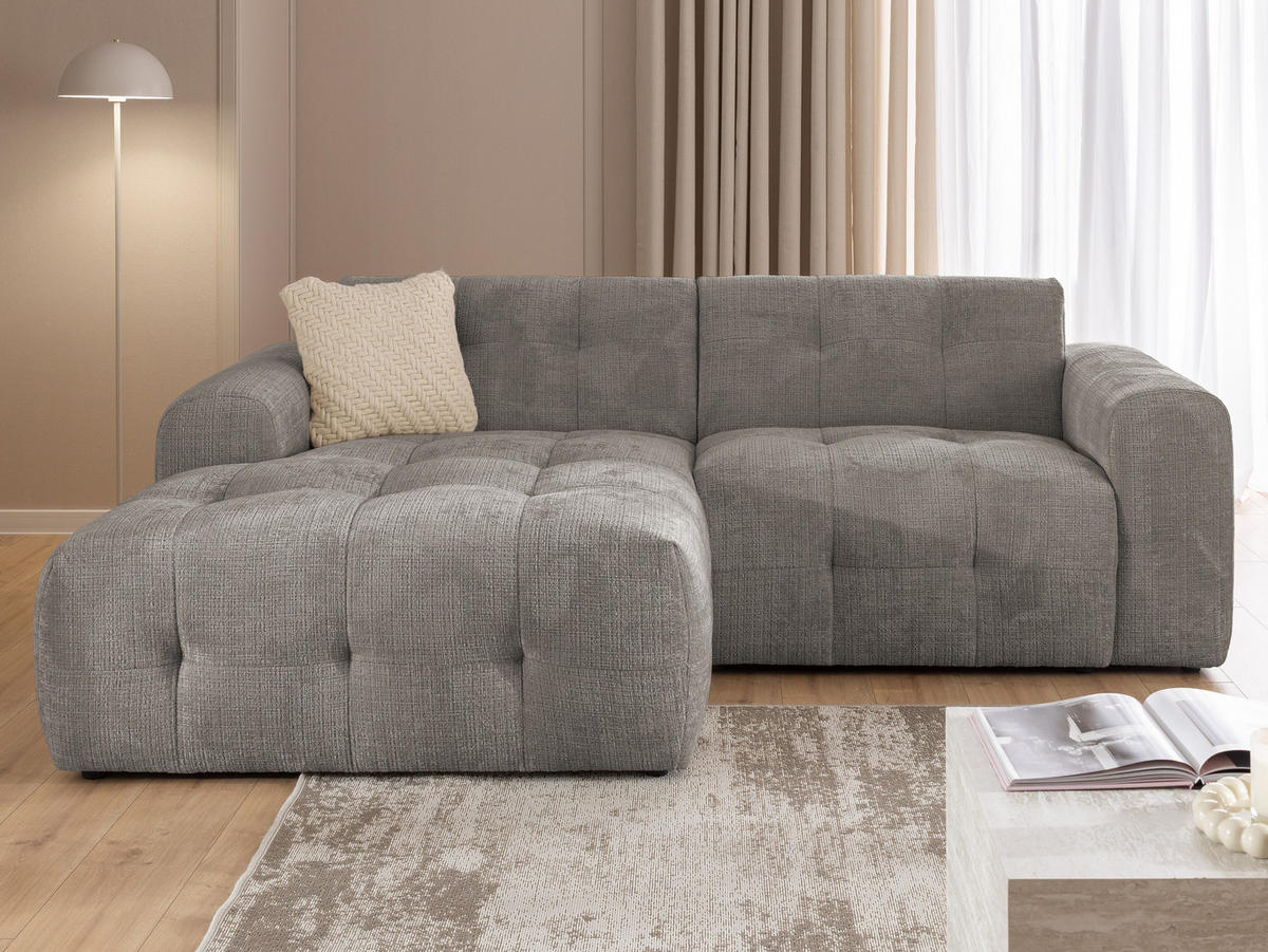 ECKSOFA Kozy im Bumpy-Design mit fester Rückenlehne aus weichem Taupe Chenille-Stoff - Ottomane links - Taupe/Schwarz, Holz/Kunststoff (161/234cm) - S-Style Möbel