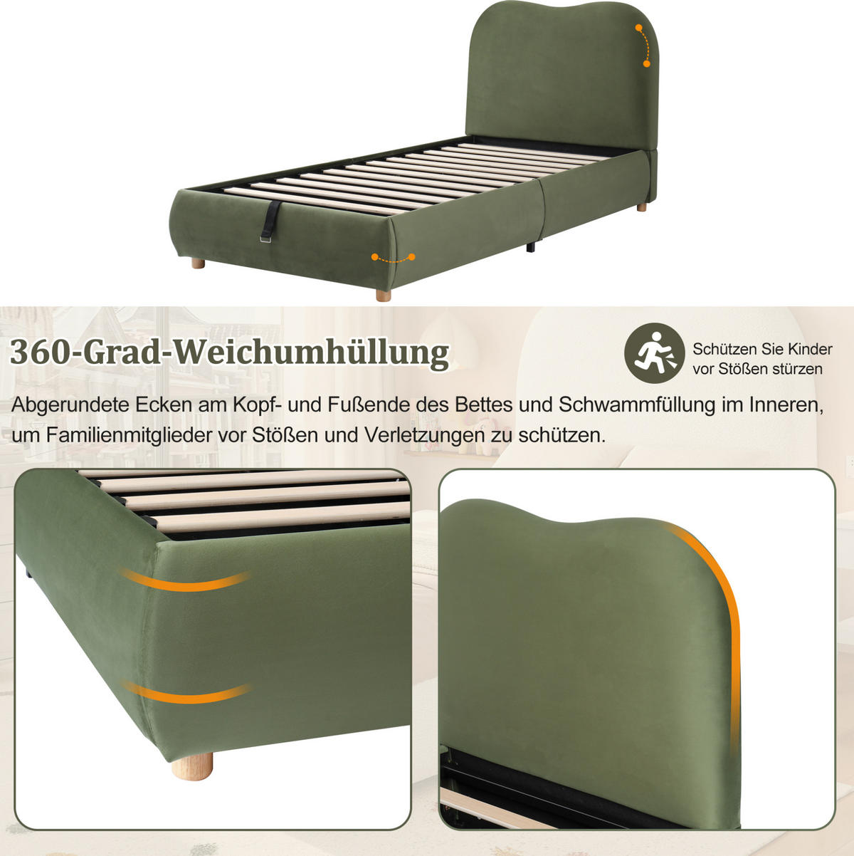 POLSTERBETT 90/200 cm mit hydraulischem Bettkasten, Lattenrost und gepolstertem Kopfteil aus Samt, Grün - Grün, Textil (90/200cm) - Redom
