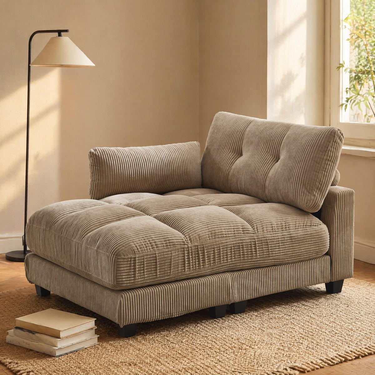SESSEL 1-Sitzer in Greige aus Cord 140/112/81 cm mit USB - Greige/Schwarz, Holzwerkstoff/Kunststoff (112/81/140cm) - CHICFURN