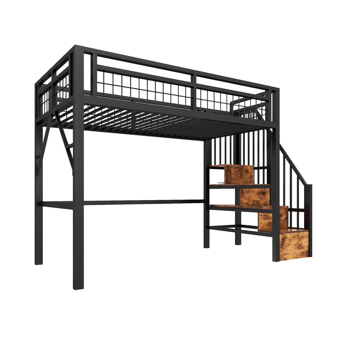 HOCHBETT 90/200 cm in Schwarz mit LED und Treppe mit Stauraum - Schwarz, Holzwerkstoff/Metall (90/200cm) - STILVORA