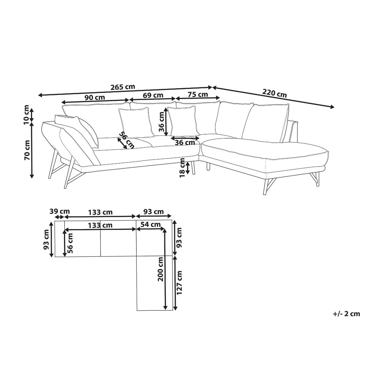 3-SITZER-ECKSOFA Leinen hellgrau rechtsseitig Elga - Schwarz/Grau, Textil (265/220cm) - Beliani