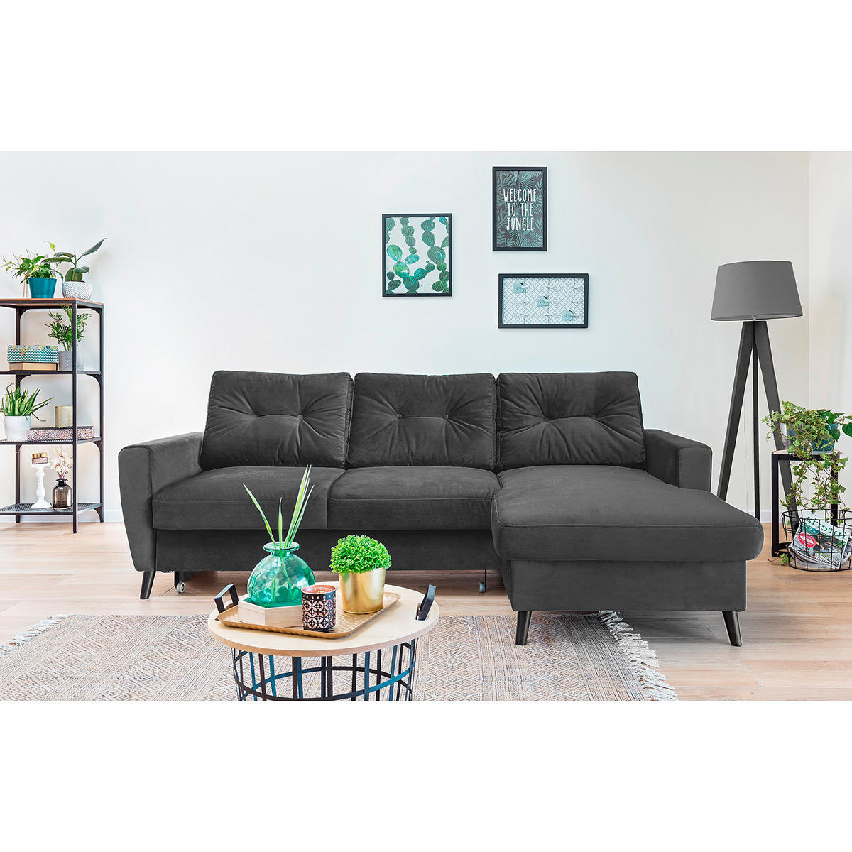 ECKSOFA mit Longchair - Dunkelgrau/Schwarz, Buchenholz/Textil (233/148cm) - home24