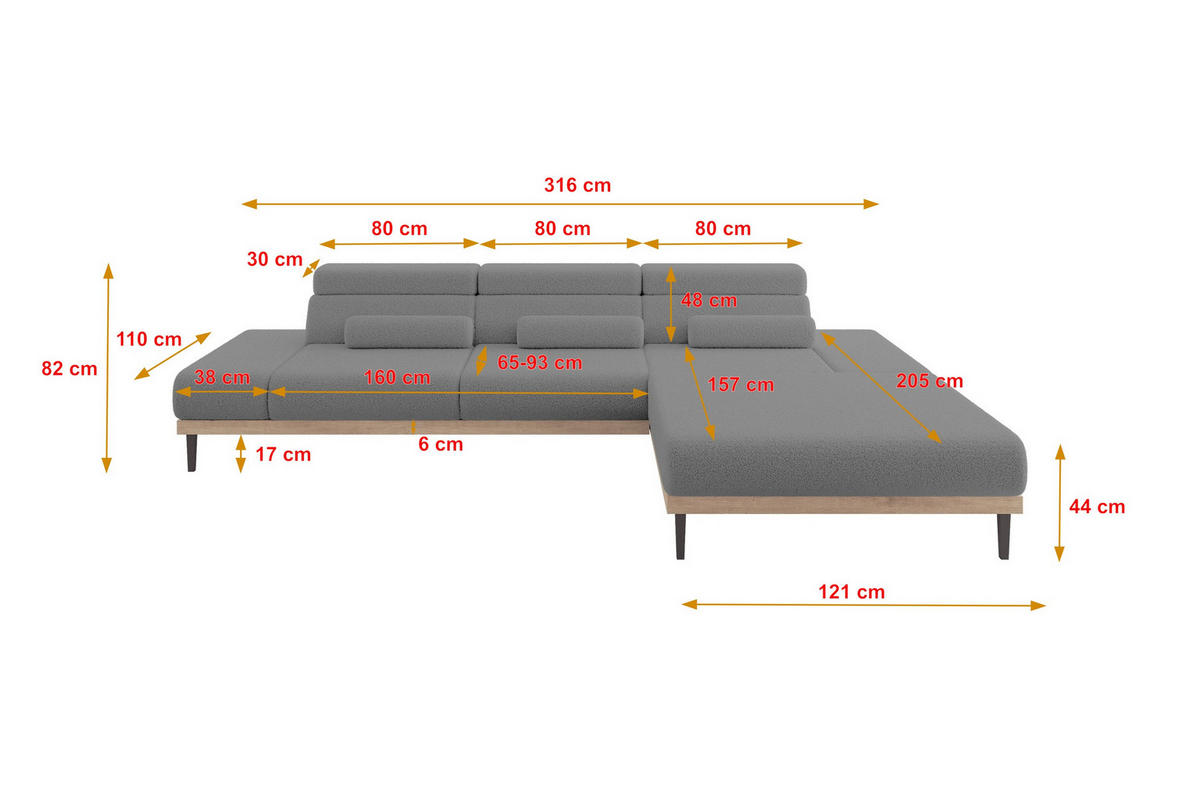 ELEKTRISCHES ECKSOFA Rechts MONA 316x205x85 Grau Bouclé - Silberfarben/Grau, Holzwerkstoff/Textil (316/205cm) - ALTDECOR