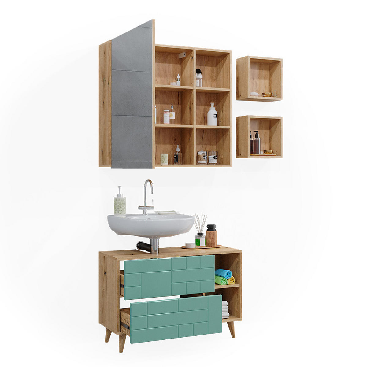 BADMÖBEL-SET Rudi Mintgrün 4 Teile - Eichefarben/Mintgrün, Holzwerkstoff (90/59/32cm) - Vicco