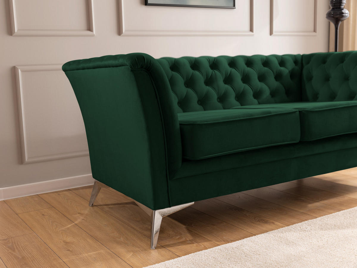 CHESTERFIELD-SOFA 3-sitzer Whitby Flaschengrün Samt mit silbernen Füßen - Dunkelgrün/Silberfarben, Holz/Textil (237/78/82cm) - S-Style Möbel