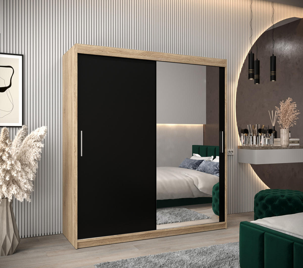 SCHWEBETÜRENSCHRANK 200/180/62 2-türig - Silberfarben/Schwarz, Holz/Kunststoff (180/200/62cm) - Abiks Möbel