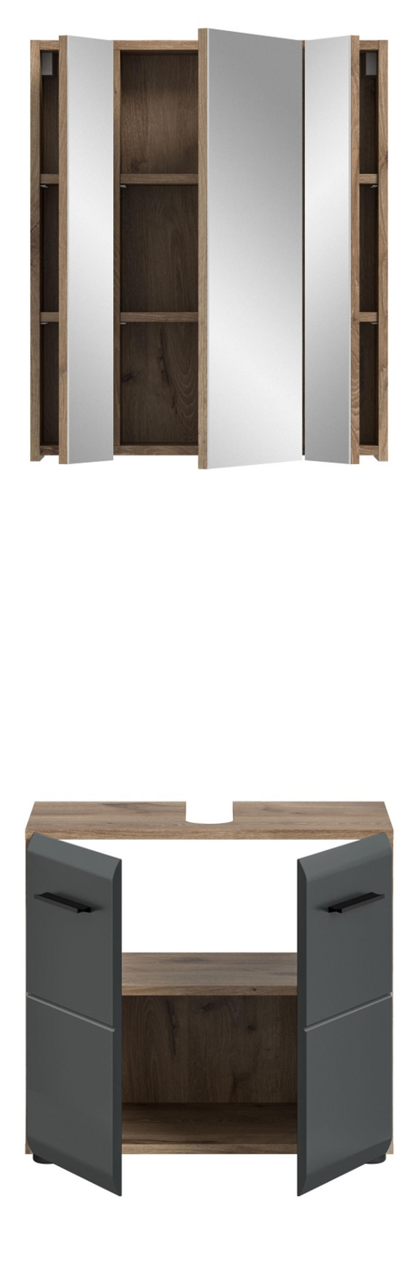 BADMÖBEL-SET 2-teilig schwarz matt, Eiche Nox, Set für Badezimmer und Gäste-WC, Breite 60 cm - Eichefarben/Schwarz, Glas/Holzwerkstoff (60/185/30cm) - Inn.Furn