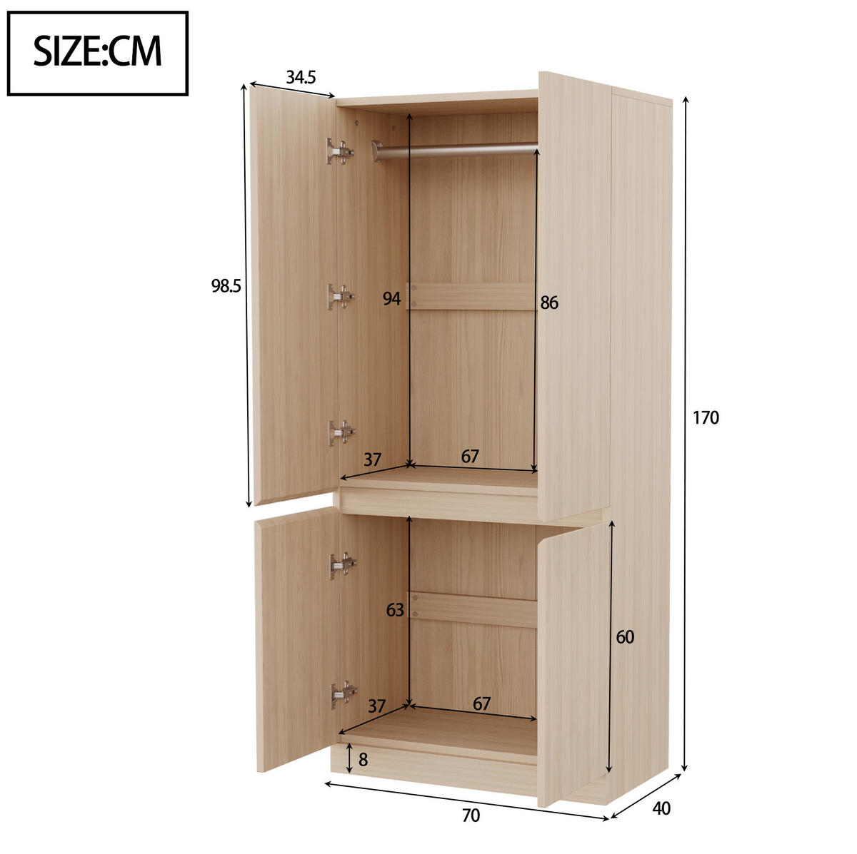 KLEIDERSCHRANK 70/40/170 cm holzfarben aus Holz mit Doppeltüren - Naturfarben, Holz (70/170/40cm) - OKWISH