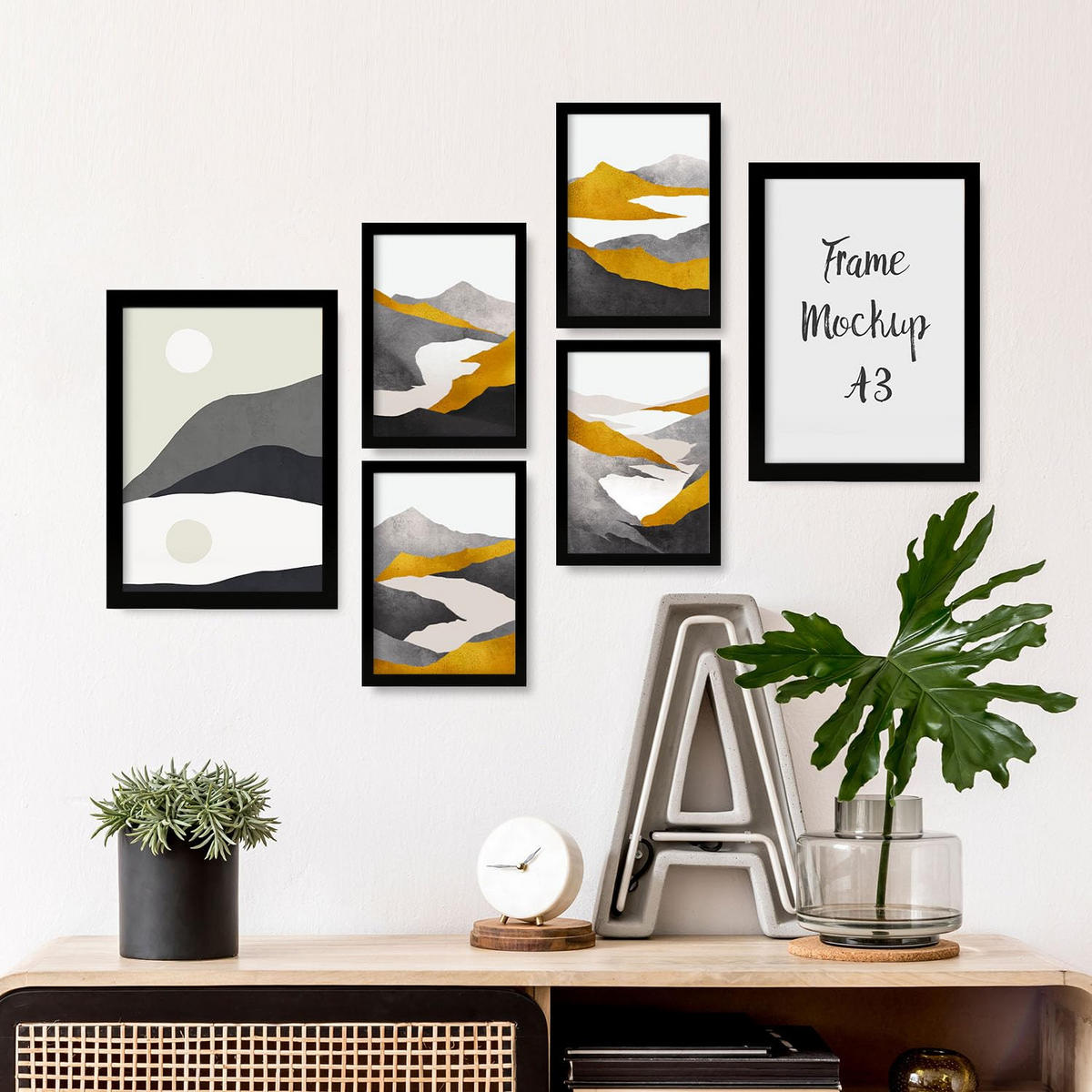POSTER Set Mit 6 Bergrahmen In Kulissen Abstracts Ästhetische Dekorative Gemälde Für Ihr Wohnzimmer, Schlafzimmer, Zuhause A3 & A4 Schwarzer Rahmen - Schwarz, Papier (29/3cm) - Nacnic