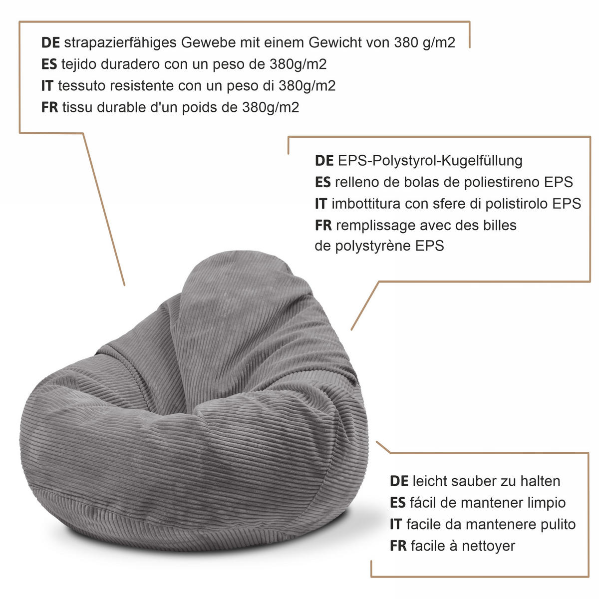 SITZSACK PARADISE MIT FUßSTÜTZE Kordsamt 2-tlg Frost Gray S - Grau, Textil (70/70/70cm) - Dreamroots