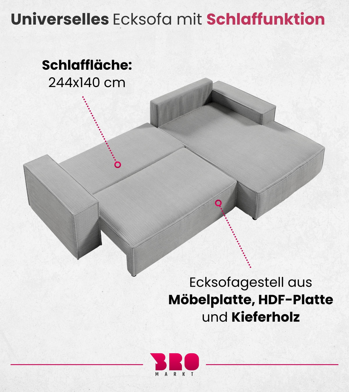 ECKSOFA Pablo mit Schlaffunktion Schwarz Cord - Schwarz, Textil (294/185cm) - Bromarkt
