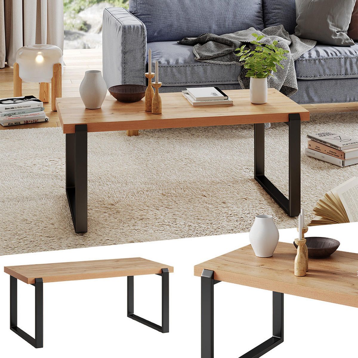 COUCHTISCH Halifax Eiche rustikal 110 x 56 cm mit Metallrahmen - Wildeiche/Schwarz, Holzwerkstoff (56/110/46cm) - Vicco