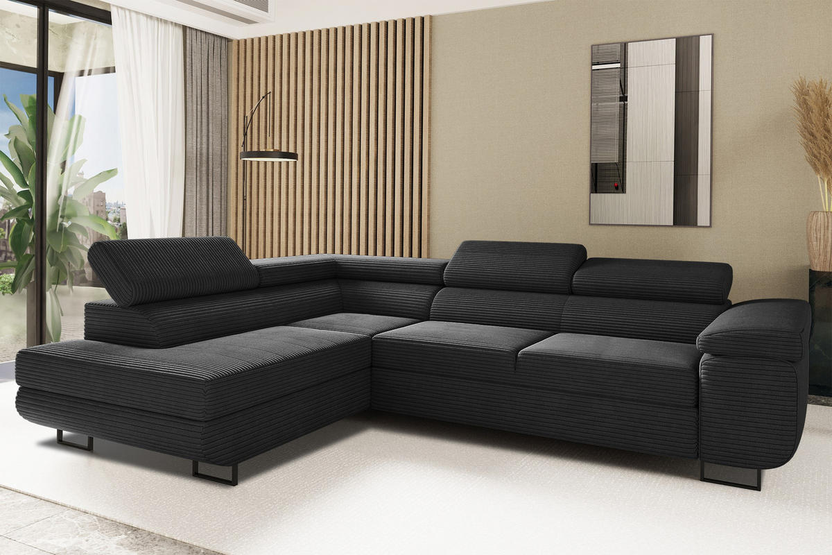 ECKSOFA ATOMIC Mit Schlaffunktion, Stoff Poso, Schwarz, Links - Schwarz, Holz (203/277cm) - Kaiser Möbel