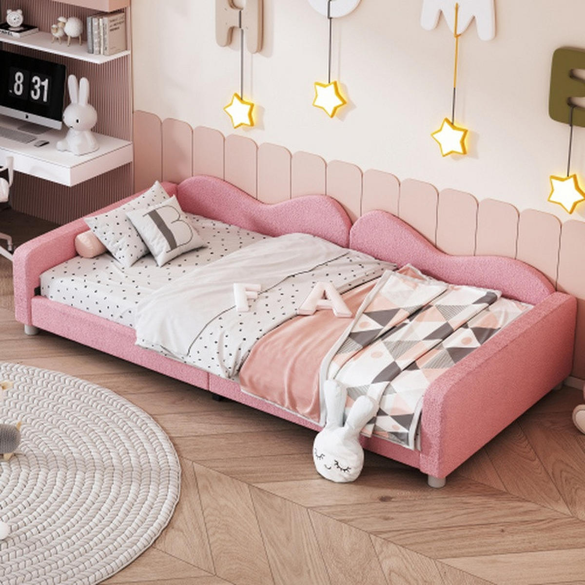 GEPOLSTERTES Kinderbett 90x200cm, Schlafsofa, multifunktionales Bettgestell, weiches Bett mit Rücken- und Armlehnen, Jugendbett, Gästebett - Rosa, Textil