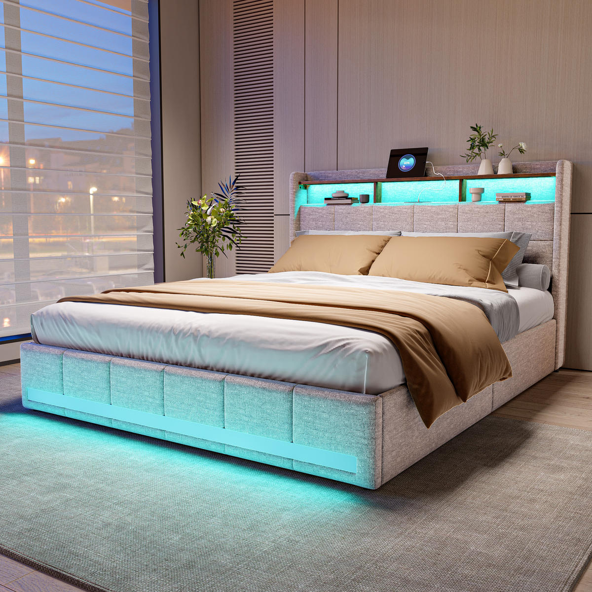 ČALÚNENÁ posteľ 140x200 cm béžová látka LED USB 4 zásuvky - béžová, kov - SHOPENTRA
