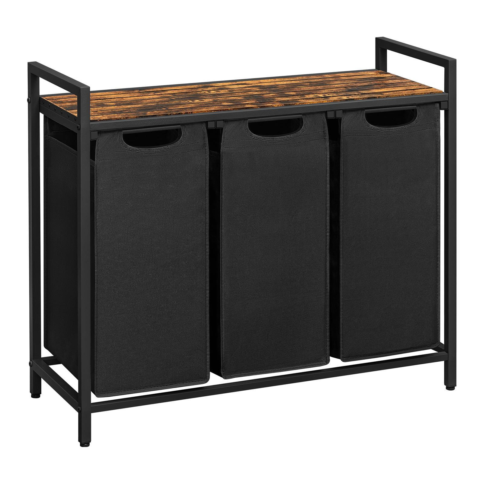 WÄSCHEKORB Metall Schwarz 3 herausnehmbare Wäschesäcke 114 Liter 92,5x33x71 cm - Dunkelbraun/Schwarz, Holzwerkstoff/Textil (92.5/71/33cm) - Begryf