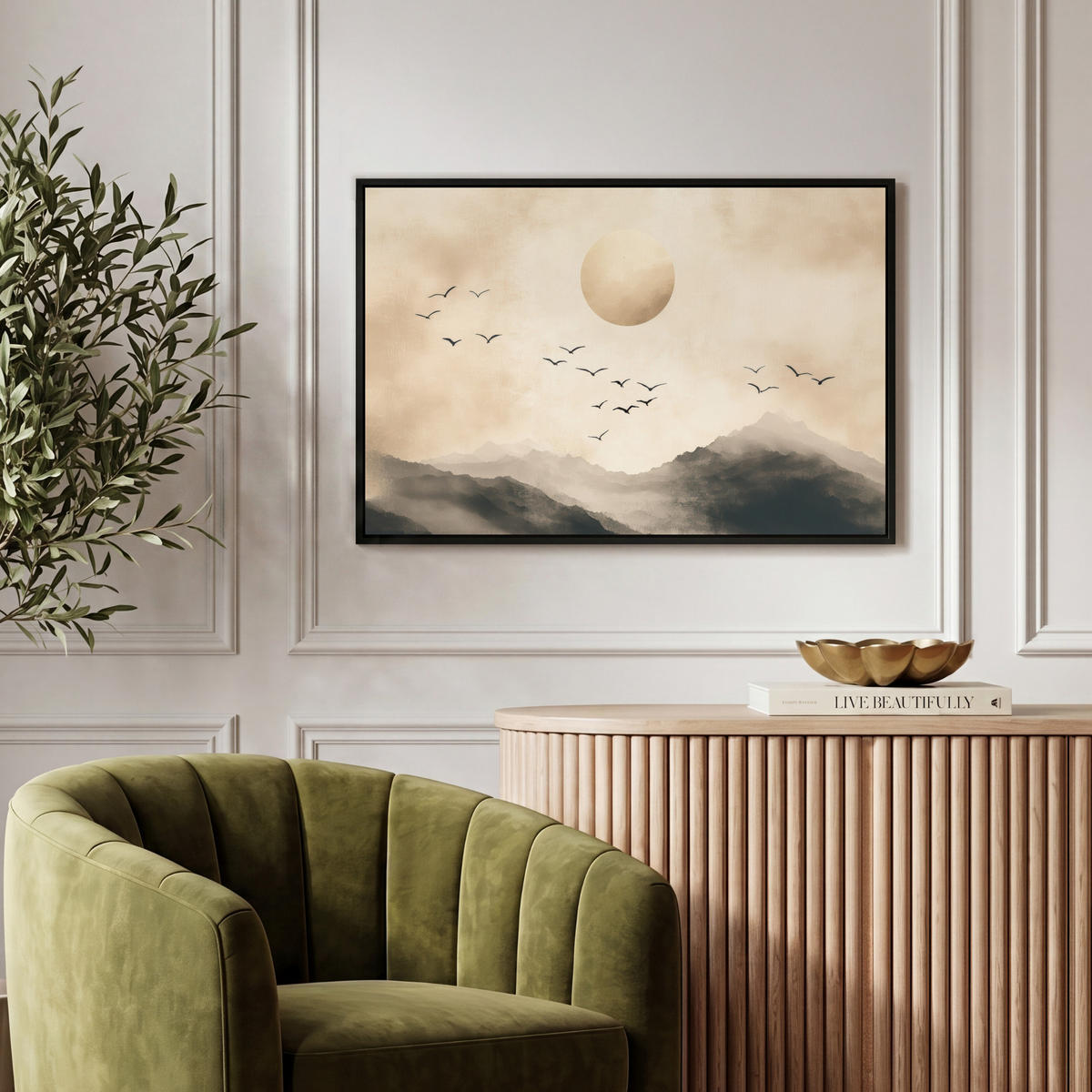 LEINWAND Bilder mit Rahmen - Landschaft - Japandi - Vogel - 60x40 - Beige, Textil (60/40cm) - MuchoWow
