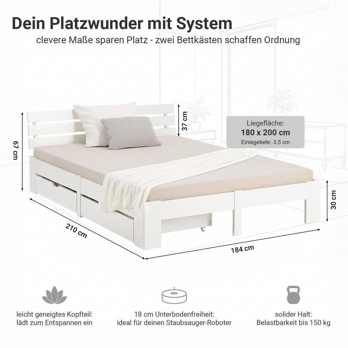 HOLZBETT Weiß 180/200 cm mit 2 Matratzen und Bettkästen - Weiß, Holz - Homestyle4u